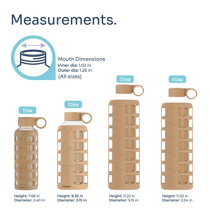 purifyou 40oz / 32oz / 22oz / 12oz Borosilicate Glass Water Bottle with Time & Volume Markers, Silicone Sleeve, Stainless Steel Lid | Reusable Glass Bottle for Water & Juice (32oz Iced Coffee) - Image 2