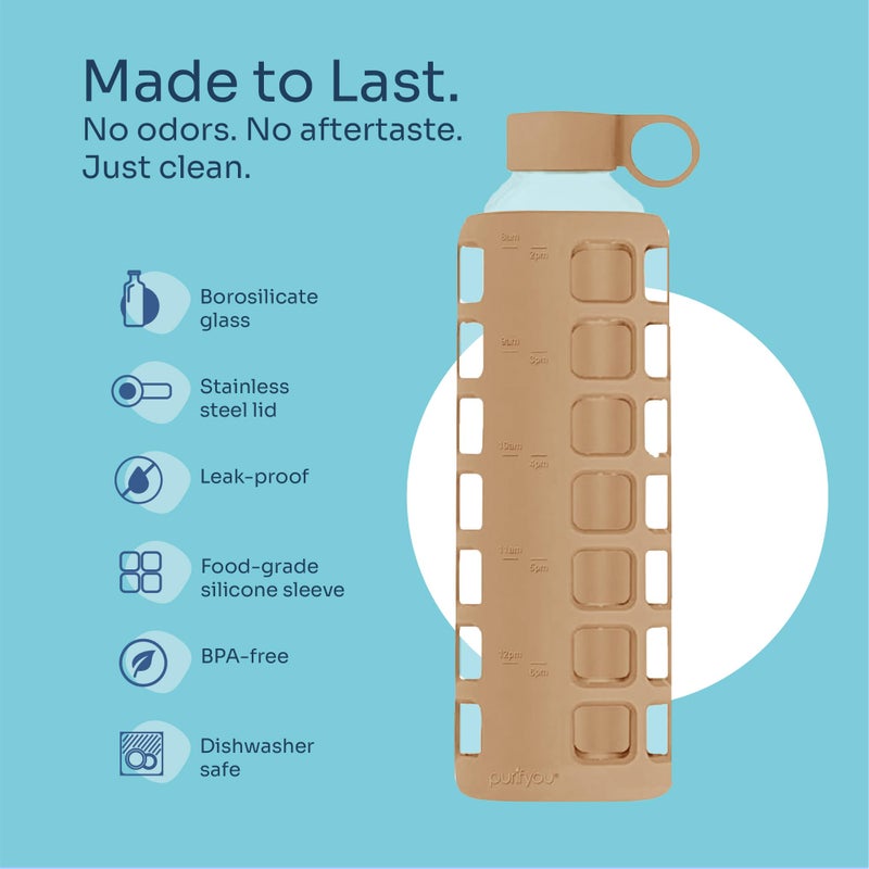 purifyou 40oz / 32oz / 22oz / 12oz Borosilicate Glass Water Bottle with Time & Volume Markers, Silicone Sleeve, Stainless Steel Lid | Reusable Glass Bottle for Water & Juice (32oz Iced Coffee) - Image 4