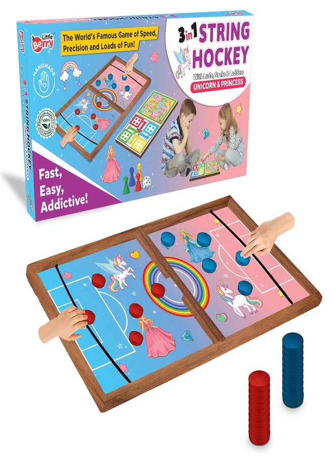 Little Berry String Hockey Table Board Games for Kids - Unicorn & Princess Theme | 3 in 1 Wooden Fastest Finger First Indoor Game with Ludo & Snakes Ladder | Sling Puck Board Hockey Toy Big Size - Image 1