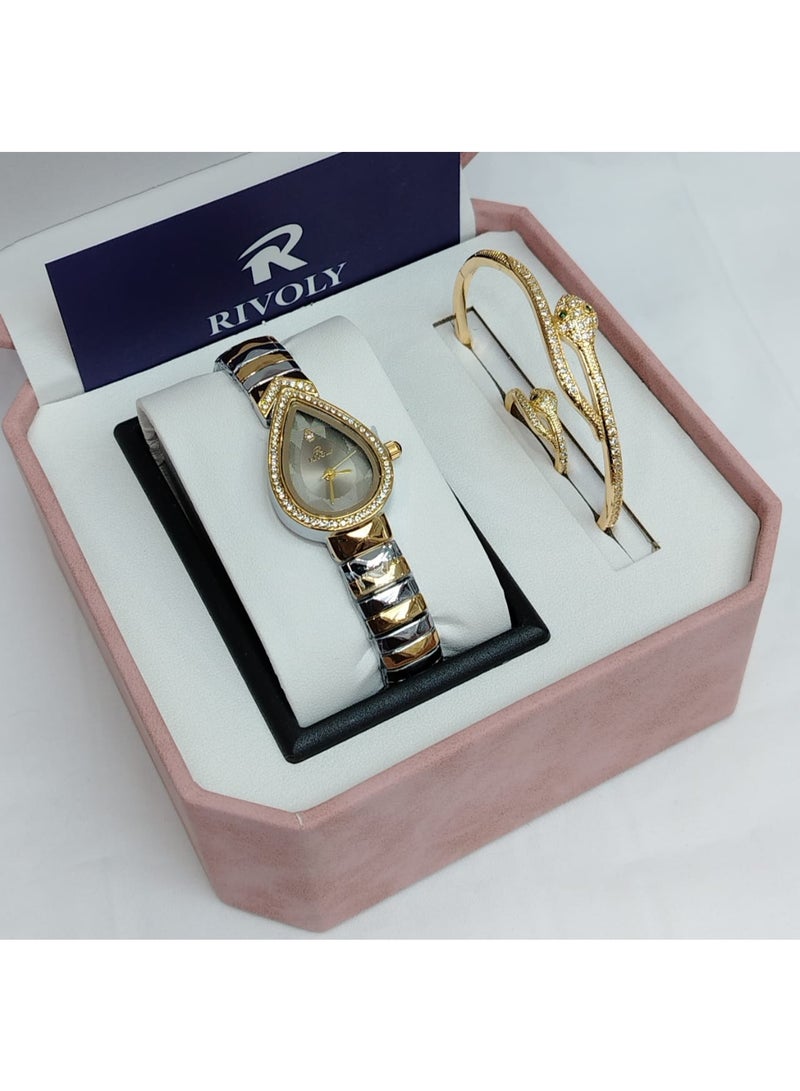 ريفولي طقم نسائي راقٍ بساعة بتصميم فاخر على شكل قطرة، مرصعة بالكريستال مع سوار أنيق يعكس لمسة فخامة وجاذبية