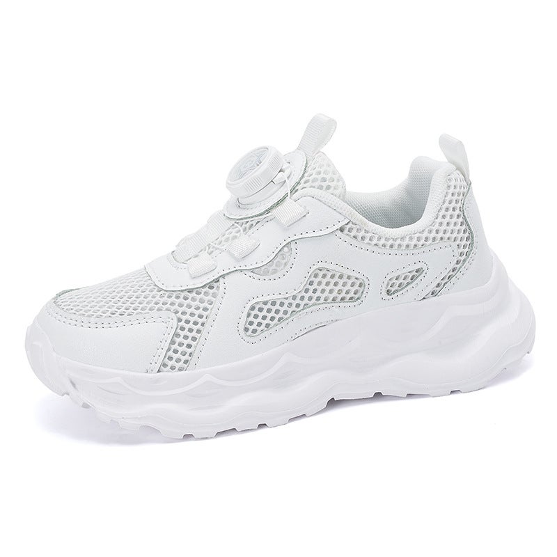 Children'S Shoes White Shoes 2025 Spring And Mesh Breathable Rotating Button Middle And Large Kidsren'S Primary School Students' Campus Shoes - Image 1