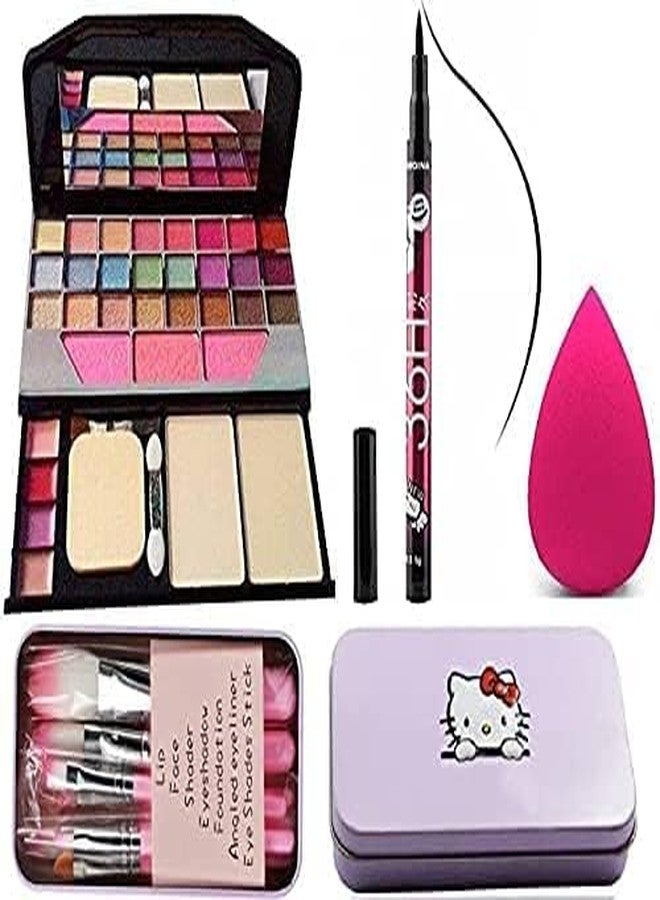 SUNISA TYA Eyeshadow Pallate,Pink brush set of 7 with 1 Sponge puff blender+ 1 Sketch Eyeliner (Pack of 10) - Image 1