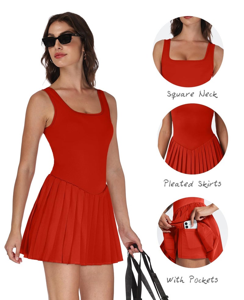 NIASHOT Womens Athletic Dress with Shorts Cute Dresses for Women Beach Vacation Clothes Tennis Dress Spring Outfits Fashion Clothing Red L - Image 3
