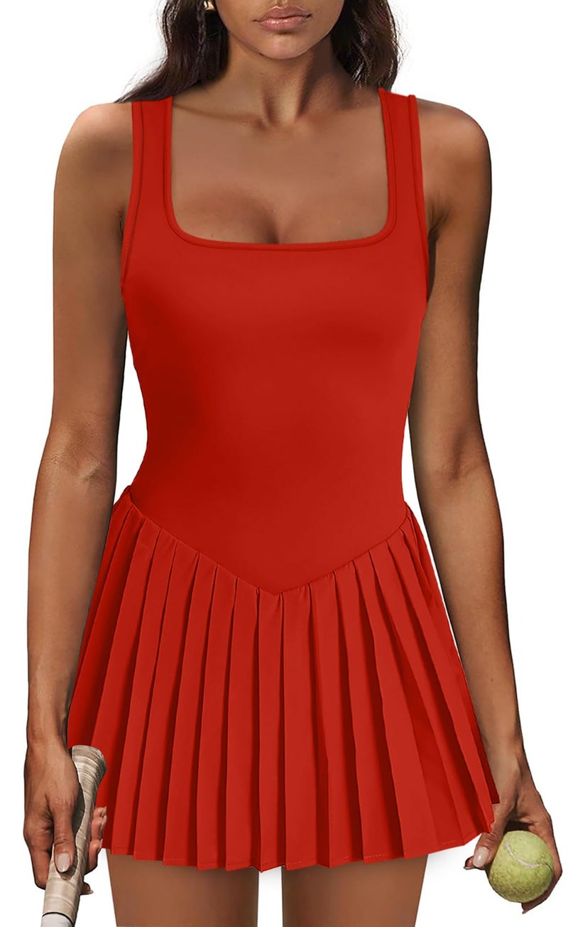 NIASHOT Womens Athletic Dress with Shorts Cute Dresses for Women Beach Vacation Clothes Tennis Dress Spring Outfits Fashion Clothing Red L - Image 1