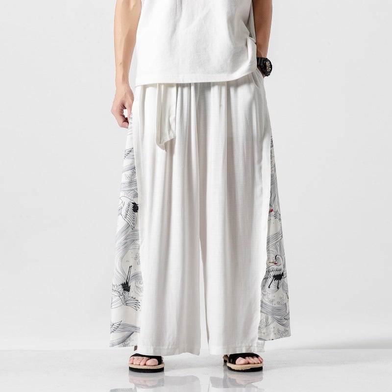 Chinese Style Cotton Linen Crane Printed Wide-legged Pants Mens Hanfu Tang Suit Ancient Costume Performance Costume Antique Fairy Elegant Culottes White Crane
