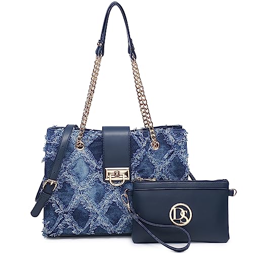 Dasein Hobo Handbag Vegan Leather Tote Chain Shoulder Purse for Women Satchel Bag With Matching Clutch (Jean) - Image 1