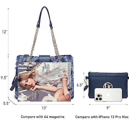 Dasein Hobo Handbag Vegan Leather Tote Chain Shoulder Purse for Women Satchel Bag With Matching Clutch (Jean) - Image 5