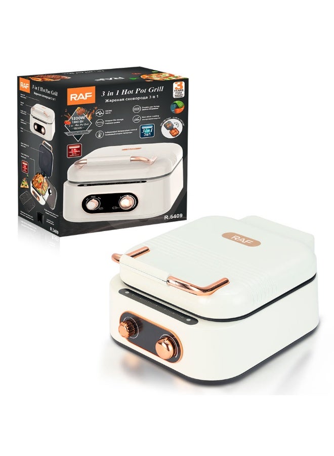 آر إيه أف وعاء طهي كهربائي متعدد الوظائف 3 في 1 بسعة 2.5 لتر من RAF، وعاء قلي مزدوج، وعاء طهي ساخن وشواية لشرائح اللحم - Image 1