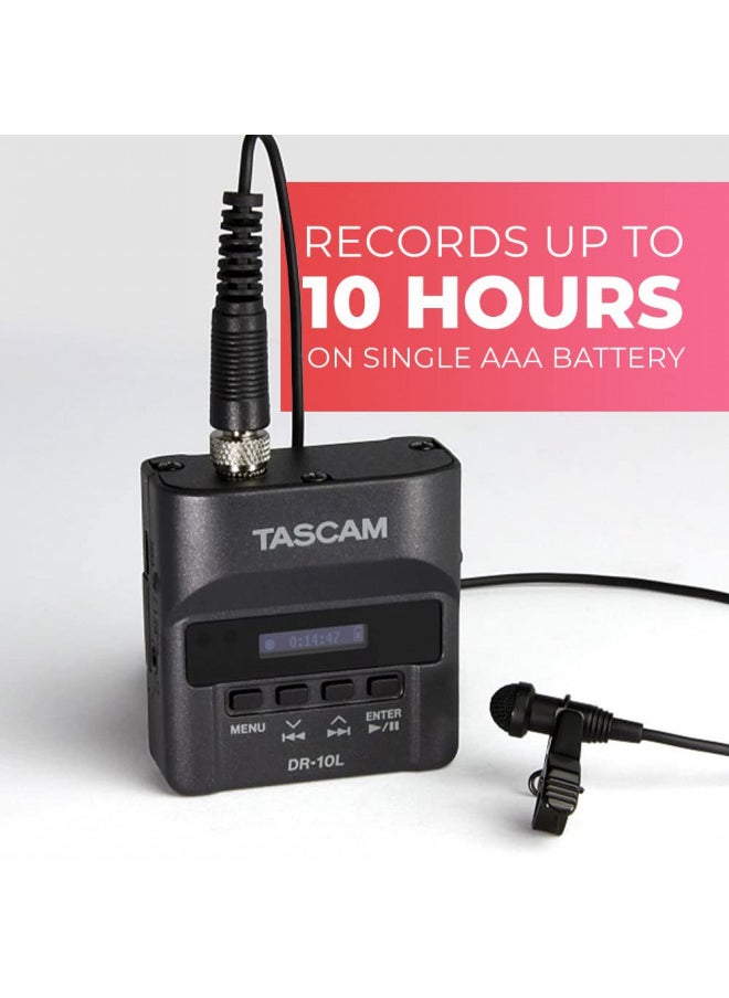 TASCAM Micro Portable Digital Audio Recorder with Lavalier Microphone, AV recording, interview recording 24-Bit/48 kHz BWAV File Format, Black (DR-10L)