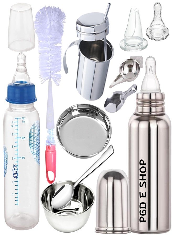 PGD Royal Baby Feeding Bottle Gift Set of Steel Feeding Bottles, Feeder, Bowl, Idly Spoon, Spoon, Plate Straw Glasses, Cleaning Brushes with 2 Silicone Nipple (220ml Royal Gift Set) - Image 1