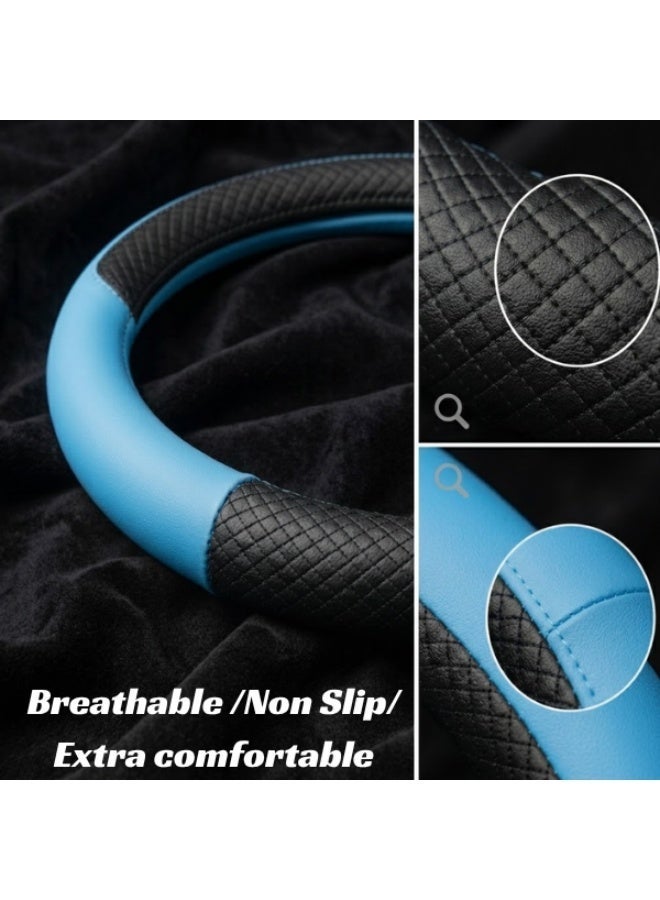 Angad Creations Fiber leather car steering wheel cover universal fit in Black & Blue - Image 3
