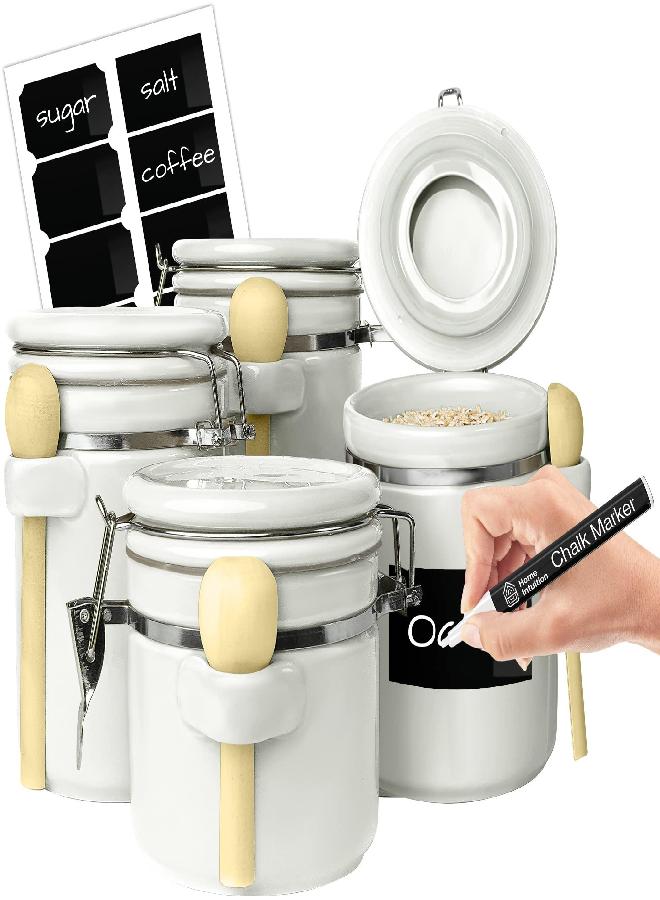 HOME INTUITION Home Intuition 4-Piece Ceramic Kitchen Canisters Set, Airtight Containers with Wooden Spoons Reusable Chalk Labels and Marker for Sugar, Coffee, Flour, Tea (White)  - Image 1