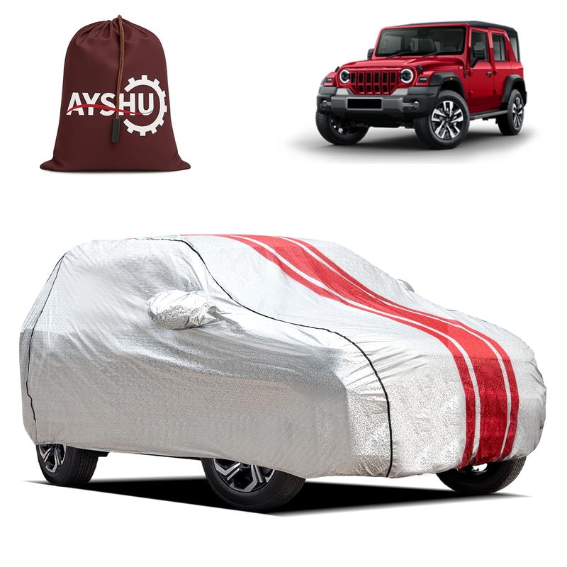 ASHU غطاء سيارة AYSHU مقاوم للماء متوافق مع Mahindra Thar | جيب للمرايا والهوائي | طبقة داخلية ناعمة من القطن مقاومة للخدش | خياطة ثلاثية | فضي معدني مقاوم للحرارة | حماية في جميع الأحوال الجوية - Image 1