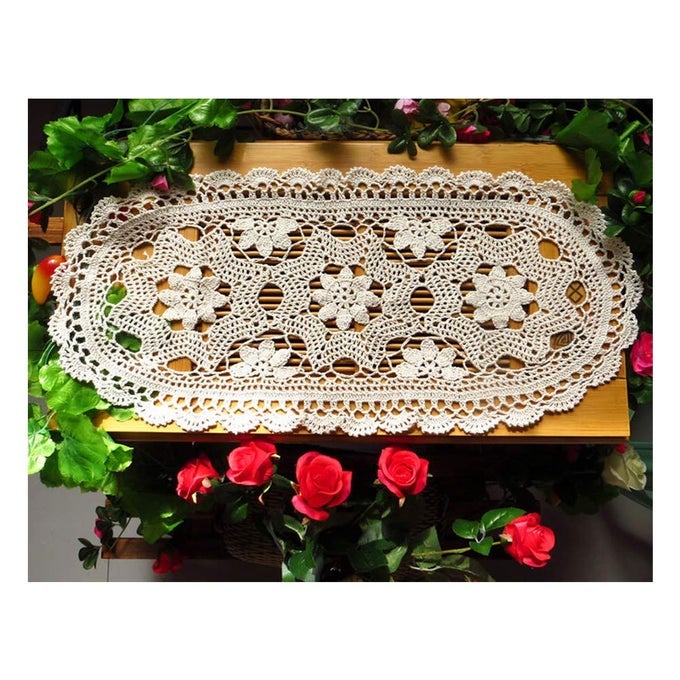 HANDMADE CROCHET LACE OVAL LUCKY FLOWER TABLECLOTH TABLE RUNNER DOILIES DOILY12X24 INCHBEIGE
