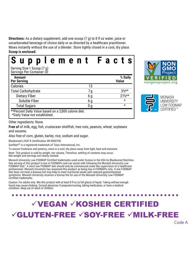 BlueBonnet Nutrition Sunfiber - 6 g of Plant Based Prebiotic Soluble Fiber - Supports Digestive Health* - Instant Dissolve - Non-GMO, Vegan, Kosher, Low-FODMAP - Unflavored, 7.4 OZ, 30 Servings - Image 2