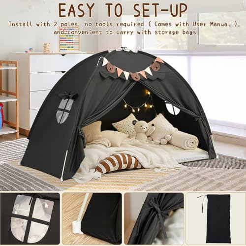 YEERSWAG Twin Bed Tent for Kids, Blackout Bed Tent Canopy Sleeping Tent Privacy Space Dream Playhouse with Stars Light & Flags, Toddler Indoor Floor Play Tent for Boys & Girls, Birthday Children‘s Gift, Black - Image 3