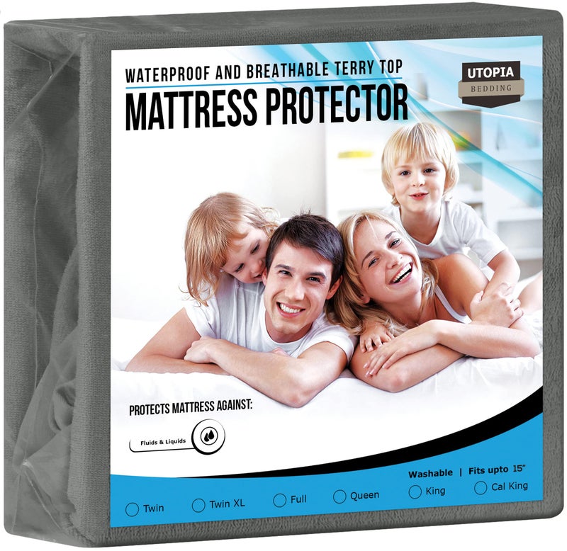 Utopia Bedding Waterproof Mattress Protector Twin Size  Premium Terry Mattress Cover 200 GSM  Breathable  Fitted Style with Stretchable Pockets (Grey)