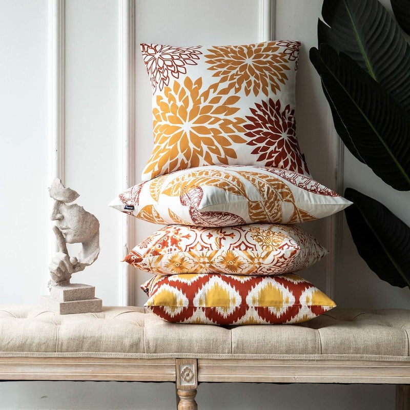 Phantoscope Set of 4 Decoractive New Living Series Leaves Geometric Orange and Yellow Throw Decorative Pillow Cover Cushion Cover 18 x 18 inches 45 x 45 cm - Image 2