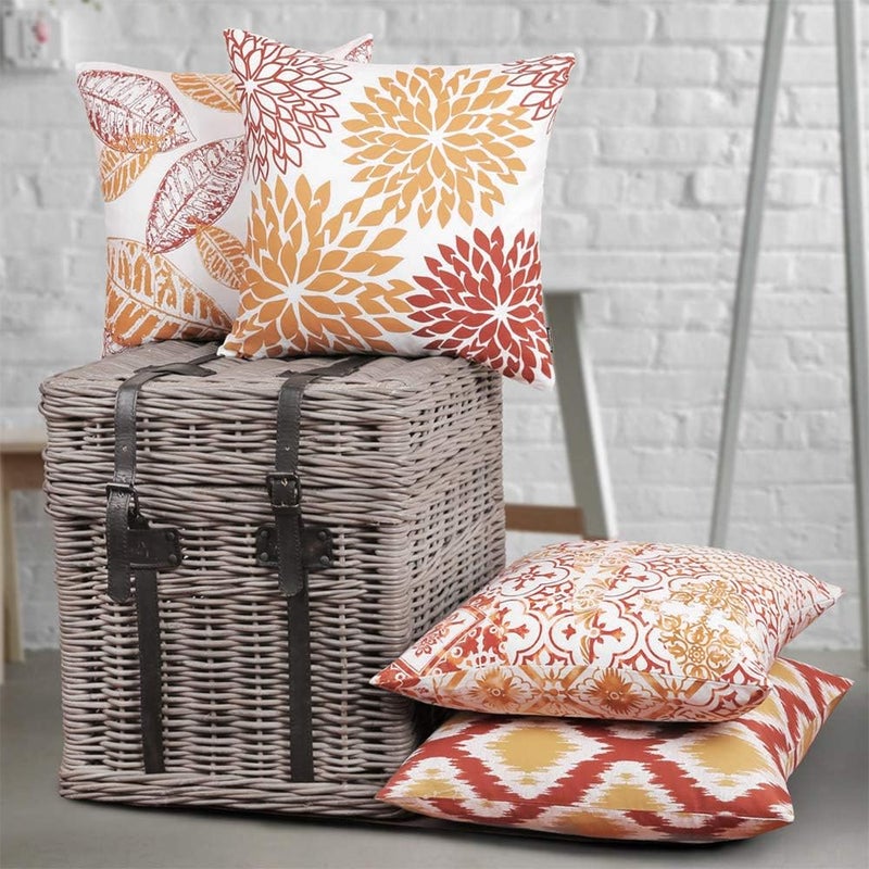 Phantoscope Set of 4 Decoractive New Living Series Leaves Geometric Orange and Yellow Throw Decorative Pillow Cover Cushion Cover 18 x 18 inches 45 x 45 cm - Image 3