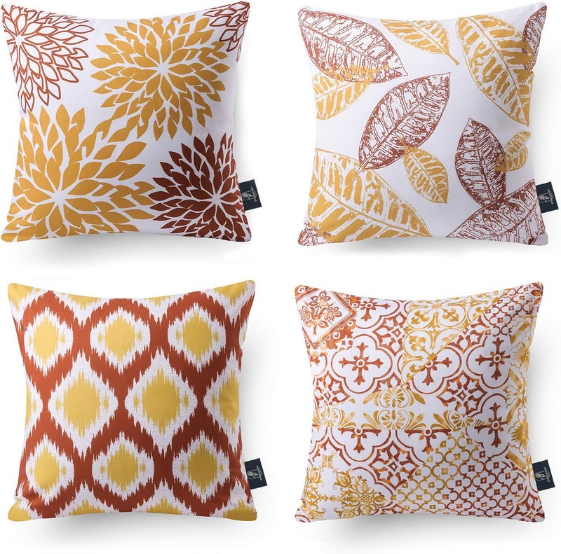 Phantoscope Set of 4 Decoractive New Living Series Leaves Geometric Orange and Yellow Throw Decorative Pillow Cover Cushion Cover 18 x 18 inches 45 x 45 cm - Image 1