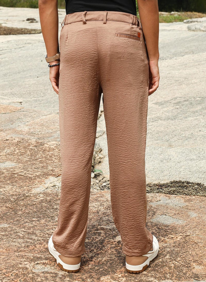 Campus Sutra Campus Sutra Men's Bronze Brown Creased-Pleated Straight Trousers | Mid-Rise , Straight Hem , Button Closure | Solid Creased | Polyester Blend Trousers For Formal & Office Wear  - Image 5