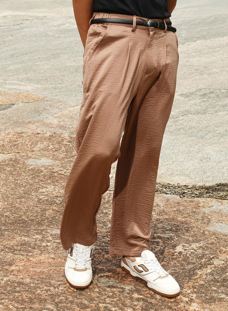 Campus Sutra Campus Sutra Men's Bronze Brown Creased-Pleated Straight Trousers | Mid-Rise , Straight Hem , Button Closure | Solid Creased | Polyester Blend Trousers For Formal & Office Wear  - Image 3