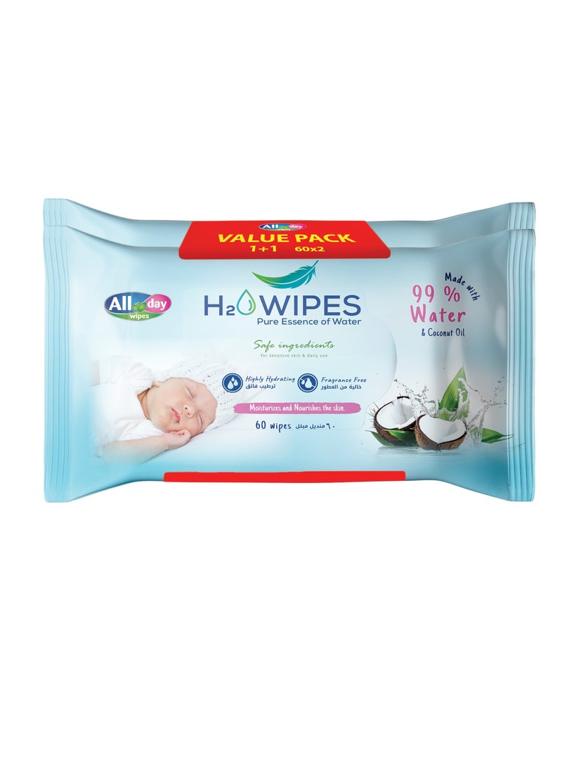 All day wipes All Day H2O Wet Wipes 99% Water & Coconut Oil -60 Count : Made with 99.9% Pure Water and Infused with Natural Coconut Extract for Added Hydration and Nourishment. ( Pack of 2 ) - Image 1