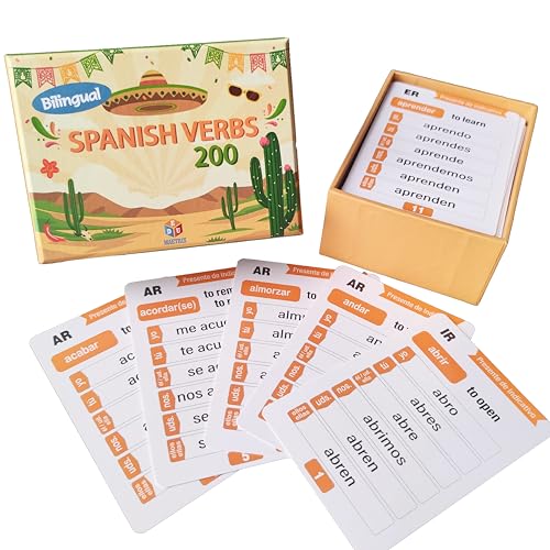 EDUMAETRIX 200 Spanish English Bilingual Verbs Verbos Conjugation Presente Indicativo Skill Drill Educational Flash Cards Learning Resource 4 X 28 DoubleSided 101 Cards - Image 1