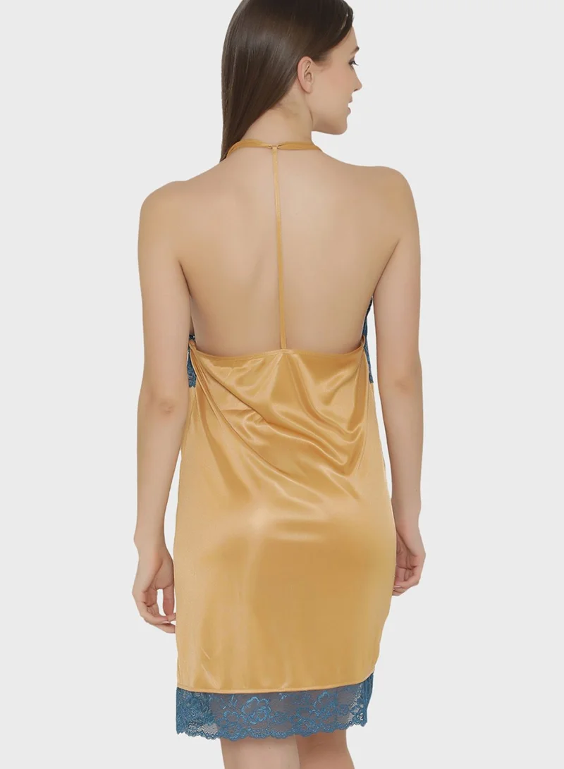 Clovia Plunge Neck Color Block Nightdress