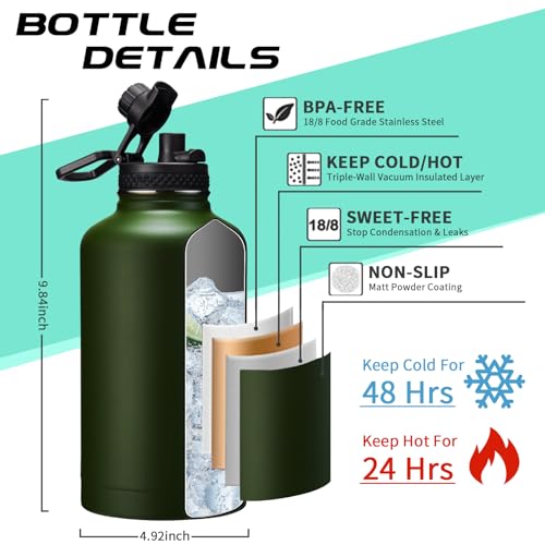 DIGJUPER 64oz Insulated Water Bottle with Straw & Auto Spout Lid - (Cold 48H & Hot 24H) Half Gallon Stainless Steel Water Jug with Paracord Handle, Metal Tactical Military Water Flask with Carrier Strap Bag - Image 4