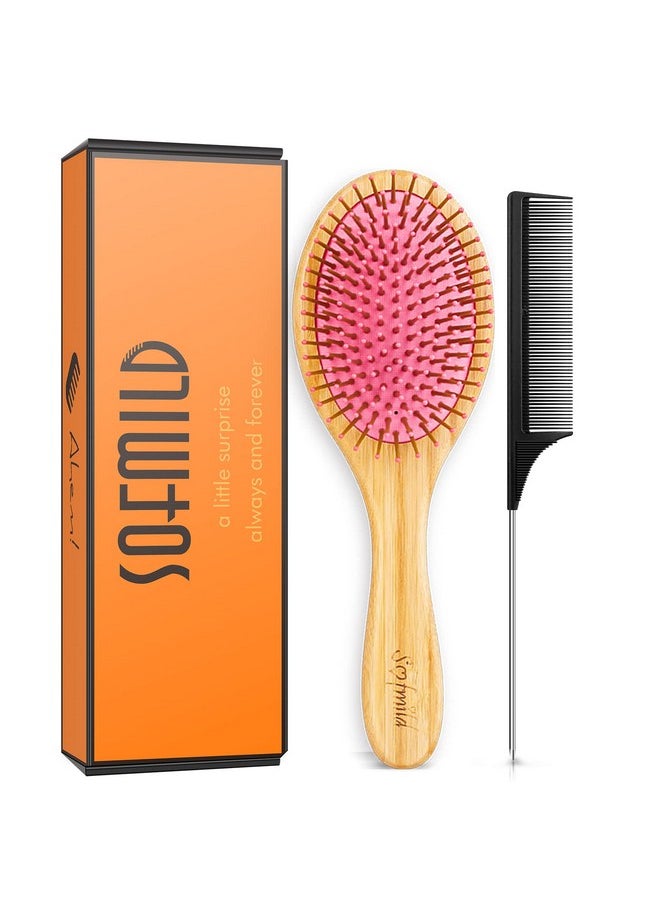 Sofmild Ofmild Bamboo Wooden Paddle Hair Brush Comb Set Hairbrushes For Women Men Kid Detangling Hair Massaging Scalp With Round Tip Bristles For All Hairstyles (Pink Wooden)  - Image 1