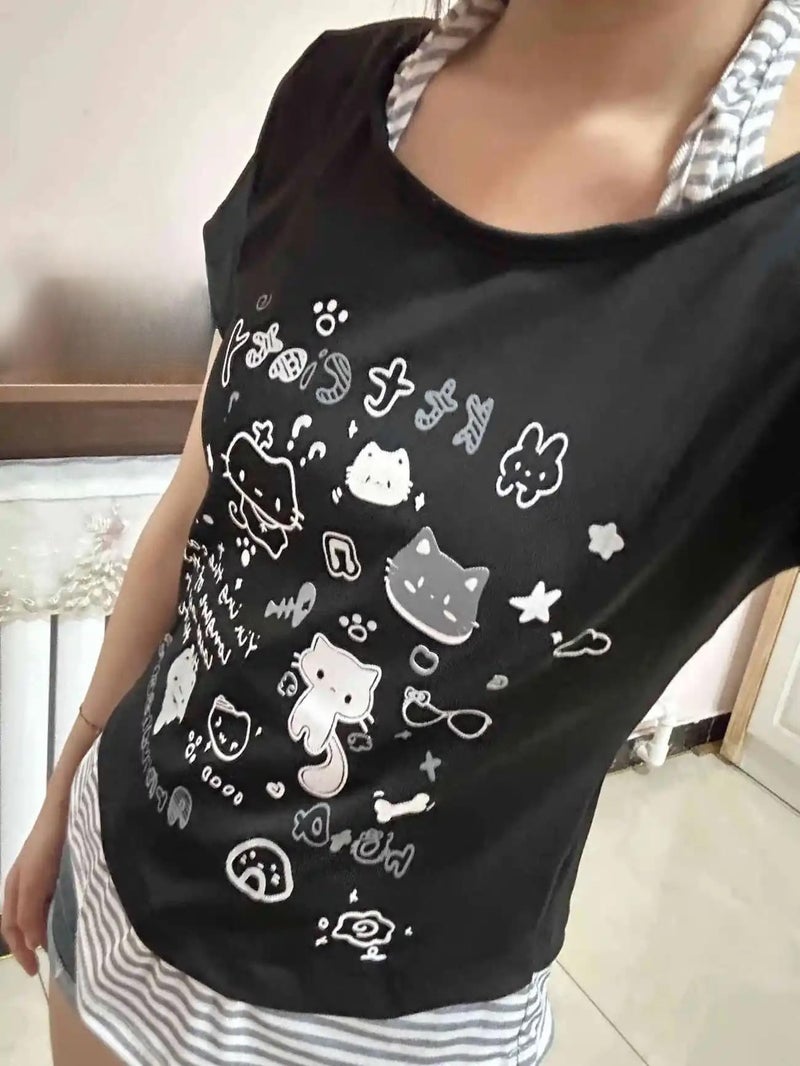 MANGMAO Kawaii Cutecore Harajuku Vintage Y2k 2000s Tops Summer Alt Goth Emo Short Sleeve Graphic Tees (Black,Small) - Image 3
