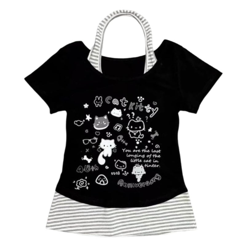 MANGMAO Kawaii Cutecore Harajuku Vintage Y2k 2000s Tops Summer Alt Goth Emo Short Sleeve Graphic Tees (Black,Small) - Image 1