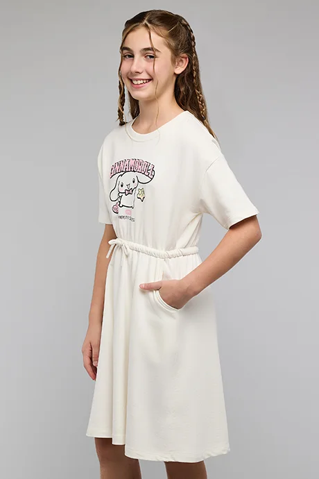 أر أند بي Cinnamoroll Print Fit & Flare Dress with Crew Neck and Short Sleeves