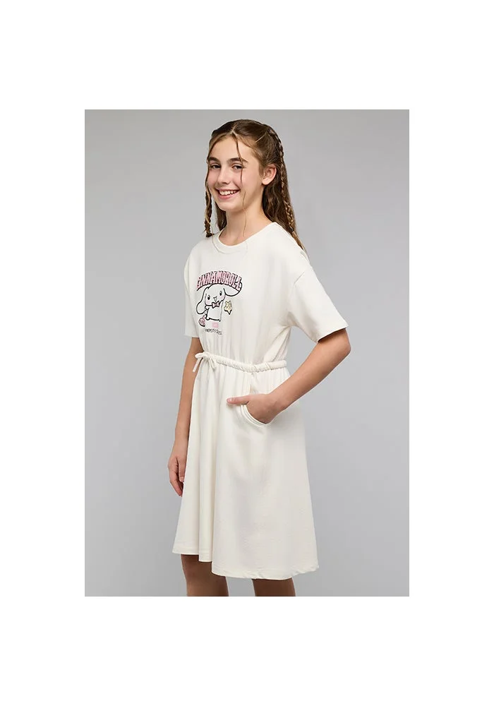 R&b Cinnamoroll Print Fit & Flare Dress with Crew Neck and Short Sleeves