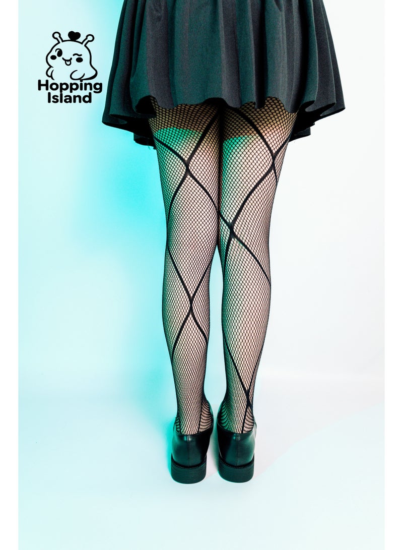 Hopping Island HI Floral Large Grid Black Fishnet Tights Highly Elastic Stretch - Image 5