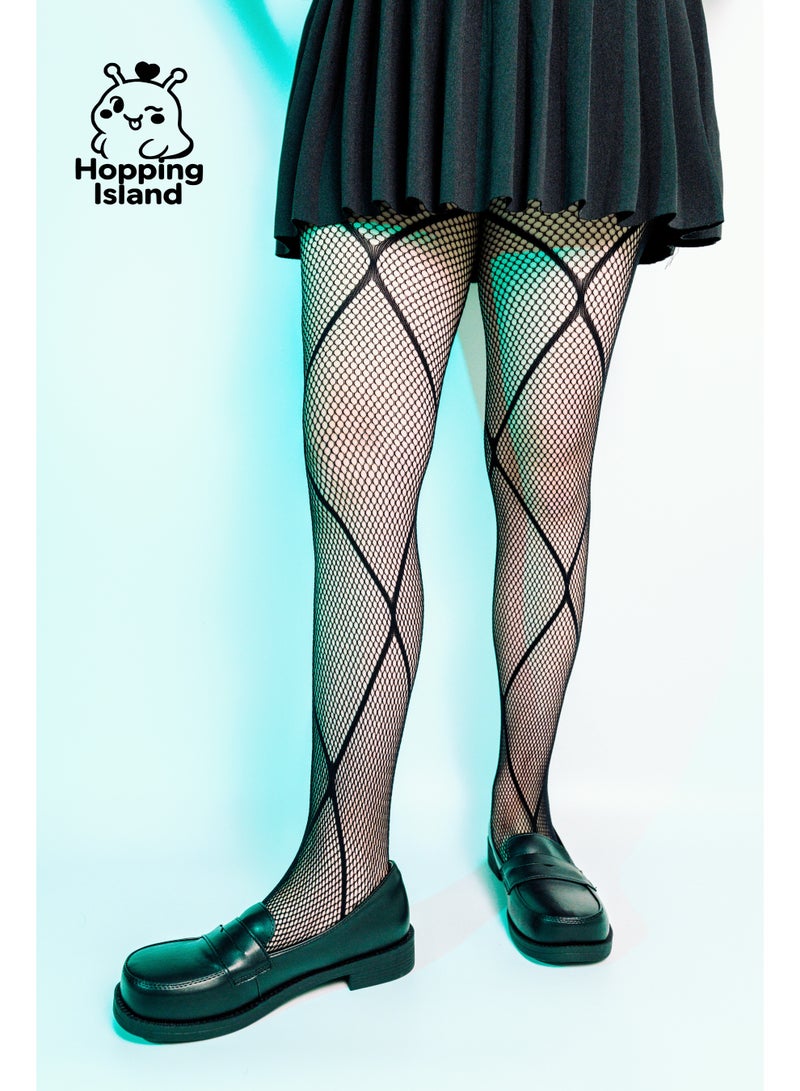 Hopping Island HI Floral Large Grid Black Fishnet Tights Highly Elastic Stretch - Image 2