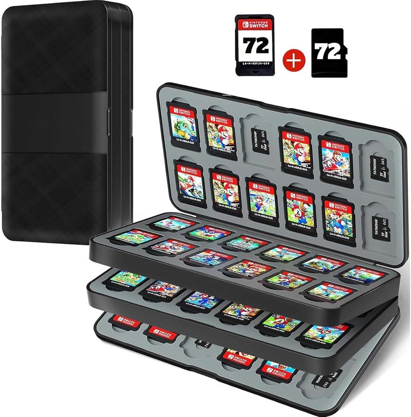 حقيبة ألعاب Switch تتسع لـ 72 بطاقة ألعاب نينتندو سويتش و72 بطاقة Micro SD، حامل خراطيش ألعاب نينتندو سويتش مع 72 فتحة، صندوق تخزين ألعاب مضغوط ومحمول (أسود) - Image 1