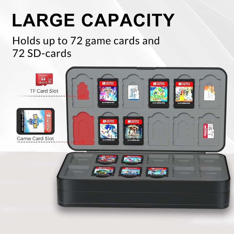 حقيبة ألعاب Switch تتسع لـ 72 بطاقة ألعاب نينتندو سويتش و72 بطاقة Micro SD، حامل خراطيش ألعاب نينتندو سويتش مع 72 فتحة، صندوق تخزين ألعاب مضغوط ومحمول (أسود) - Image 2