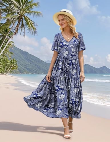 YESNO Women's Summer Maxi Dresses Casual Floral Short Sleeve V Neck Boho Beach Vacation Swing Dress with Pockets XL EVF CR488 - Image 5
