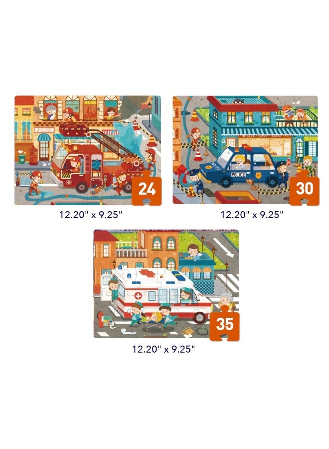 MiDeer مجموعة ألغاز مساعدي المجتمع من مي دير بمستوى 3 مع حقيبة تخزين، 3 ألغاز متدرجة للأطفال 3+، 24-35 قطعة تعليمية featuring الشرطة، رجال الإطفاء والمسعفين - Image 3
