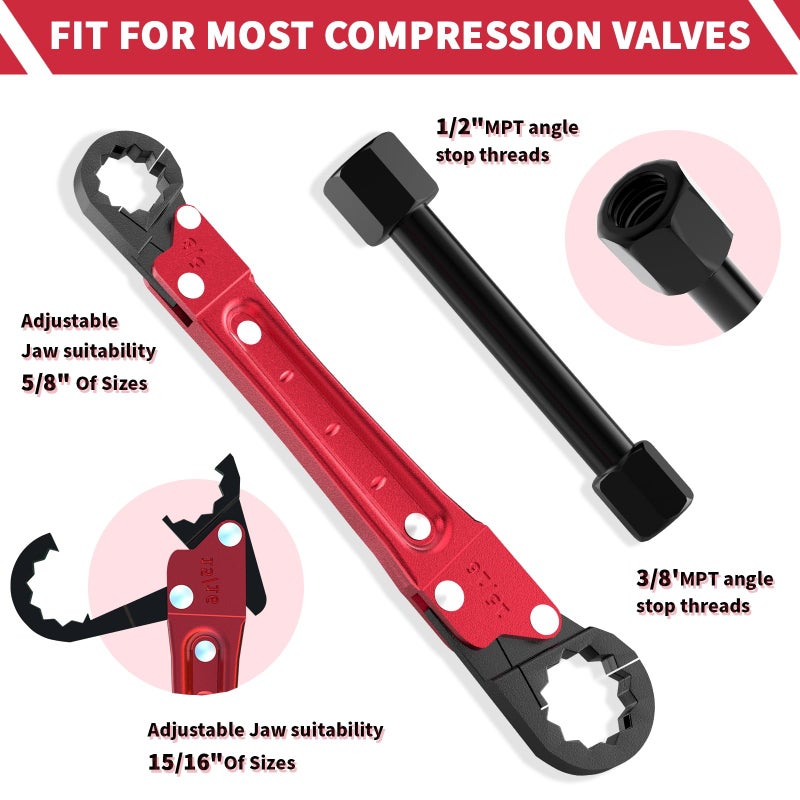 LAISGOO Plumbing Tools - Angle Stop Wrench & Angle-On Kit - Professional Plumbers Wrench for Installing New Compression Angle Stop & Removing Compression Ring - 4-Way Utility Key Included - Image 3