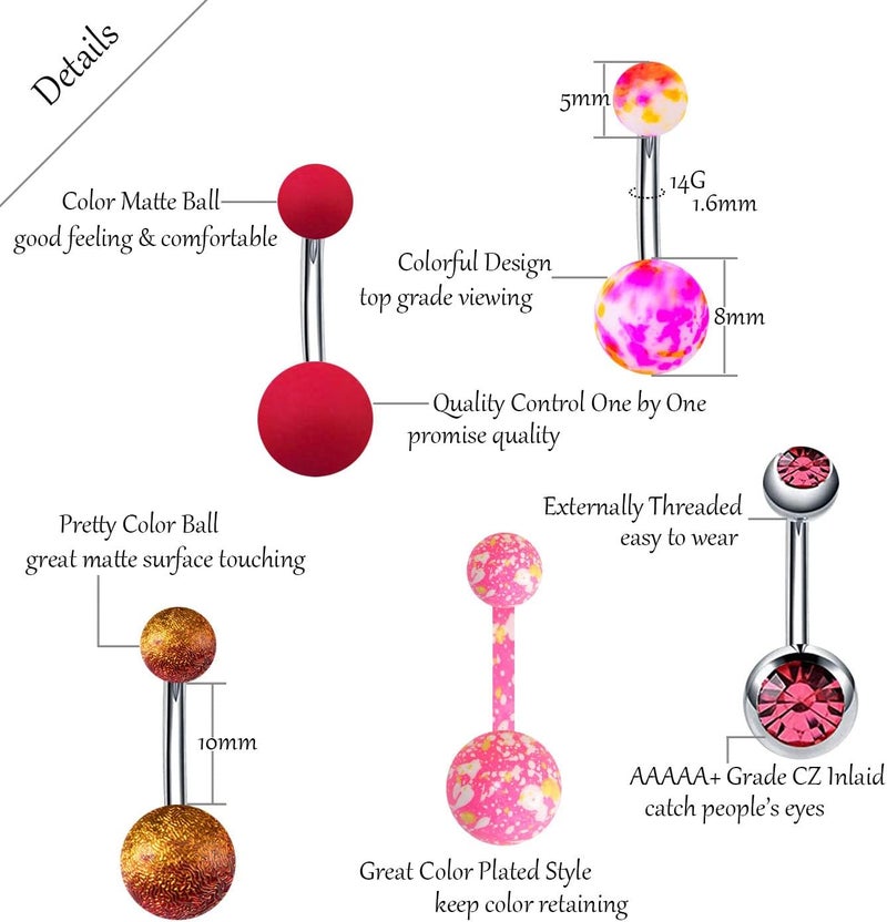 EVELICAL 24-50Pcs 14G Stainless Steel Belly Button Rings for Women CZ Screw Navel Bars Body Piercing Jewelry - Image 2