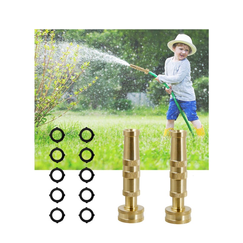 SOLARAE Solid Brass Hose Nozzle, 3/4" Adjustable Twist Water Hose Nozzle, 2 Pack 4" Heavy Duty Brass Garden Hose Nozzle with 10 Rubber Washers, for Watering Fowers, Lawns, Cleaning the Ground, Car - Image 1