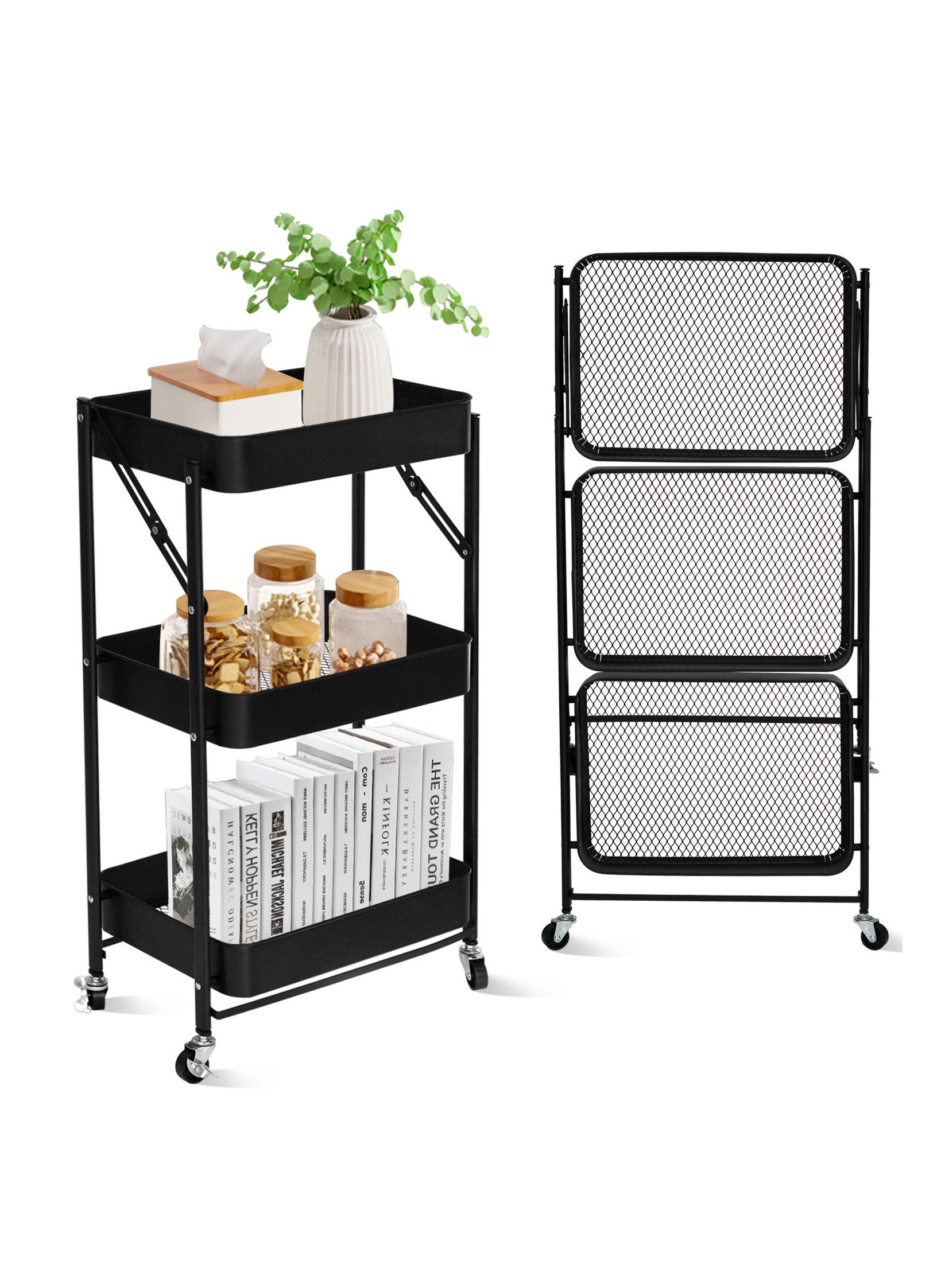 3 Tier Foldable Metal Rolling Utility Cart Organizer 46x30x76cm Multipurpose Organizer Trolley with Casters for Kitchen, Bedroom, Bathroom, Office, Laundry Room and Garage Black 