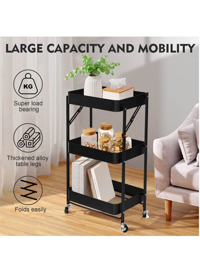 SKY-TOUCH - 3 Tier Foldable Metal Rolling Utility Cart Organizer 46x30x76cm Multipurpose Organizer Trolley with Casters for Kitchen, Bedroom, Bathroom, Office, Laundry Room and Garage Black - Image 1