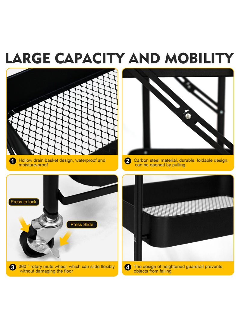 SKY-TOUCH - 3 Tier Foldable Metal Rolling Utility Cart Organizer 46x30x76cm Multipurpose Organizer Trolley with Casters for Kitchen, Bedroom, Bathroom, Office, Laundry Room and Garage Black - Image 1
