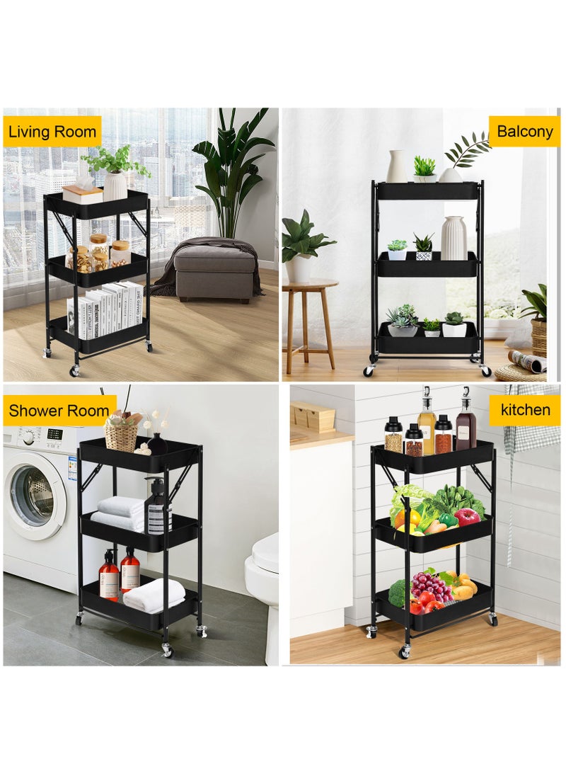 SKY-TOUCH - 3 Tier Foldable Metal Rolling Utility Cart Organizer 46x30x76cm Multipurpose Organizer Trolley with Casters for Kitchen, Bedroom, Bathroom, Office, Laundry Room and Garage Black - Image 1