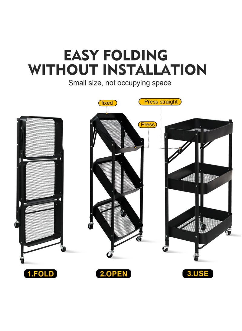 SKY-TOUCH - 3 Tier Foldable Metal Rolling Utility Cart Organizer 46x30x76cm Multipurpose Organizer Trolley with Casters for Kitchen, Bedroom, Bathroom, Office, Laundry Room and Garage Black - Image 1