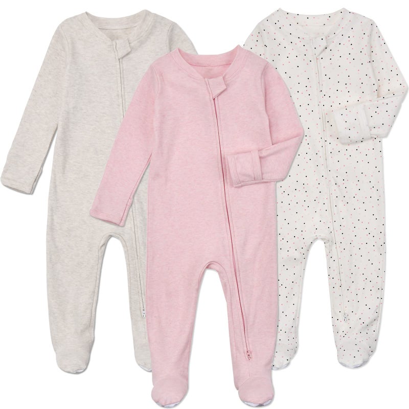 Aablexema Baby Footie Pajamas with Mittens - 3Pcs Infant Footed Sleeper Cotton Sleepwear Outfits(Grey Khaki/Dot/Pink, 0-3M) - Image 1